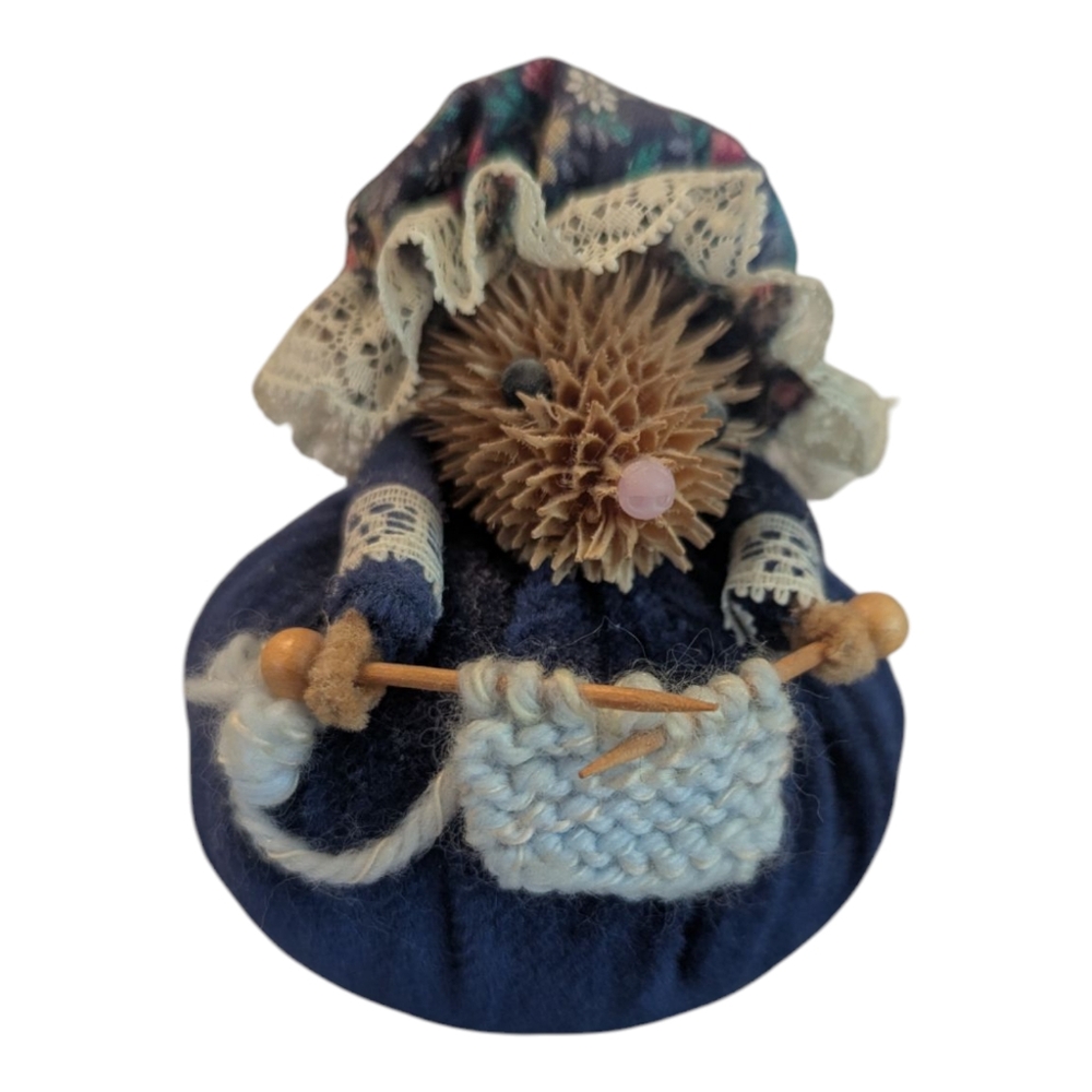 80s Talented TEEZLE Blue Granny Knitting Hedgehog Pin Cushion Ornament 4"T